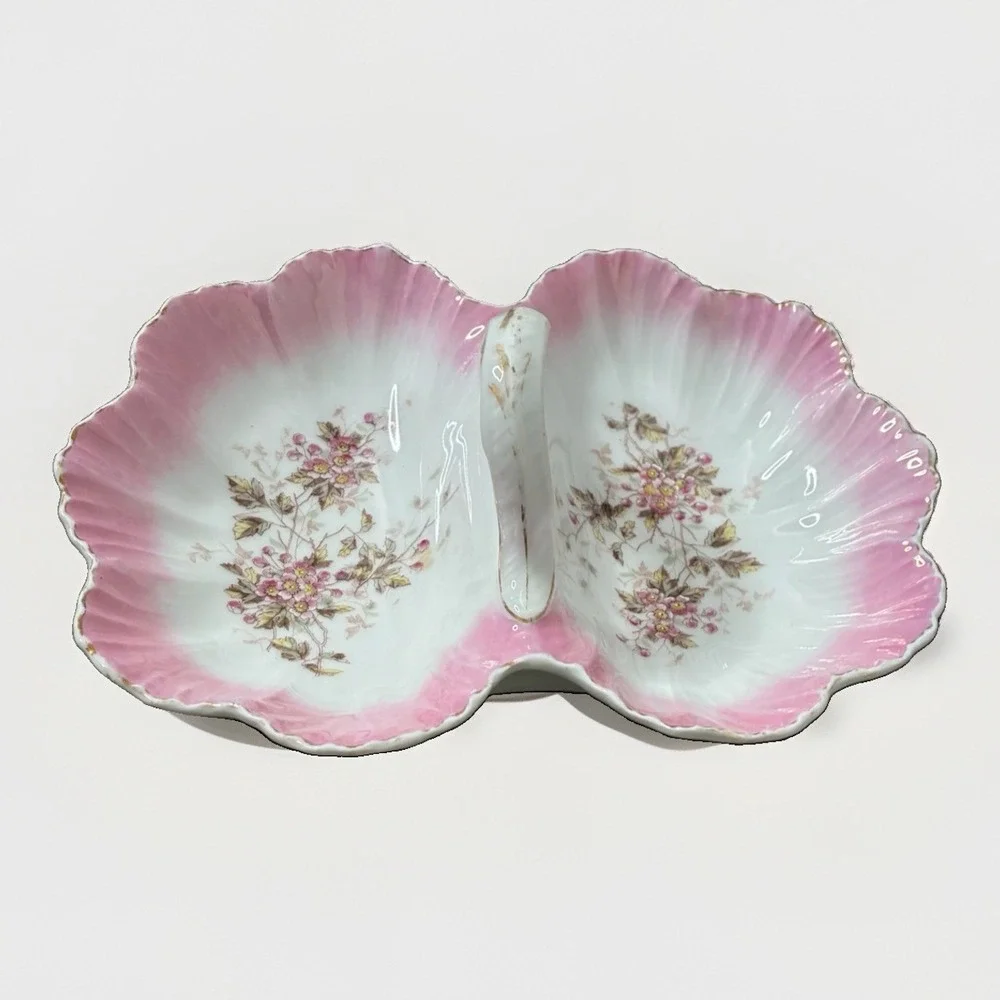 Antique KPM Germany Porcelain Pink Floral Divided Serving Dish Center Handle